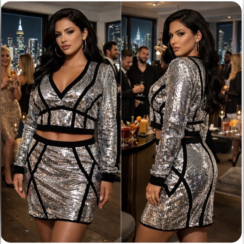 Silver Sequined 2 Piece Skirt Cropped Jacket